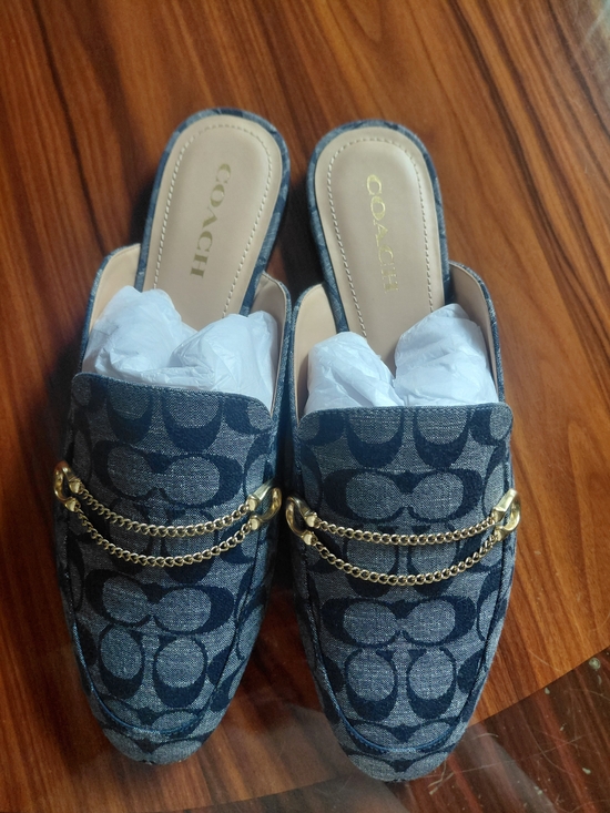 Coach Shoes - COACH Women's Navy Signature Chain-Trim Mules